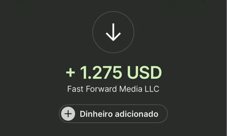 Print de pagamento recebido pelo Heitor: + 1.275 USD de Fast Forward Media LLC